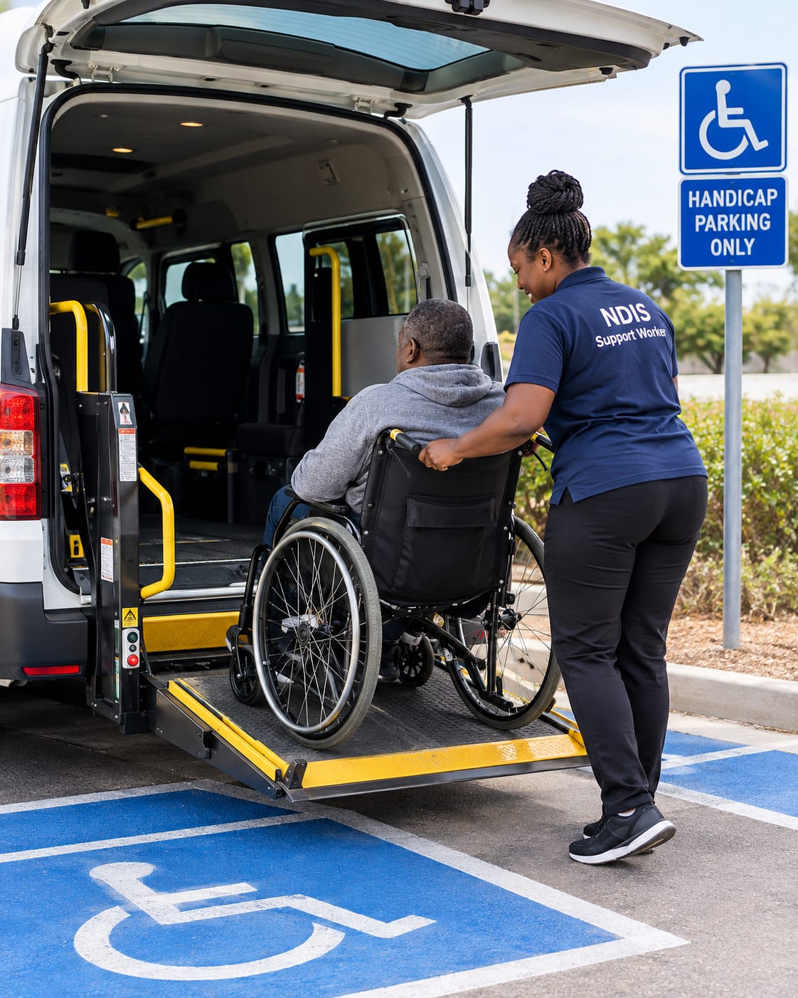 NDIS support worker assisting a participant onto a wheelchair-accessible van lift